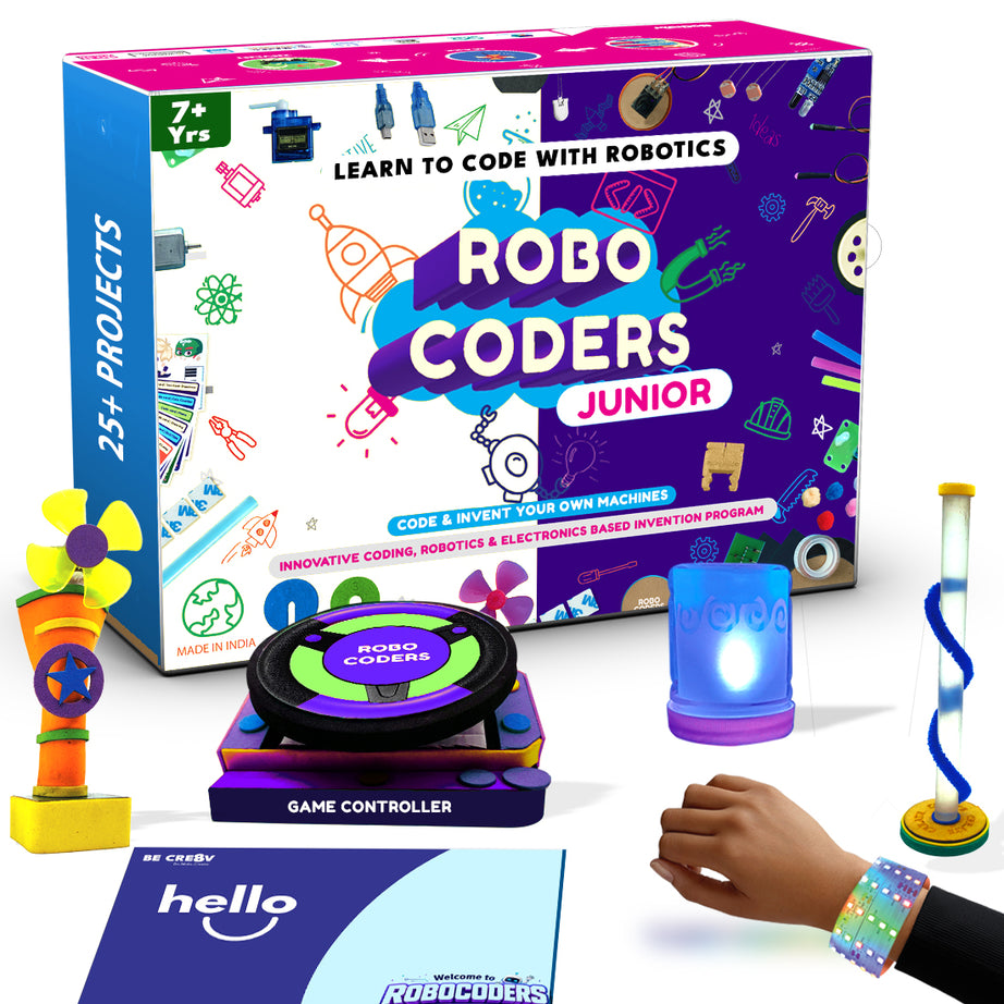 Robocoders Junior STEM Kit for Kids Age 7-9 | 30+ Experiments in AI, Coding & Electronics | Scratch-Based Drag & Drop Coding | Robotics & Electronics DIY Kit | Creative Computing Learning Kit