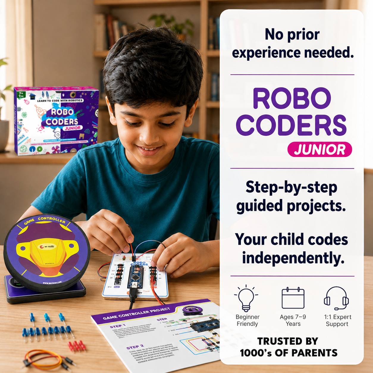 Robocoders Junior STEM Kit for Kids Age 7-9 | 30+ Experiments in AI, Coding & Electronics | Scratch-Based Drag & Drop Coding | Robotics & Electronics DIY Kit | Creative Computing Learning Kit