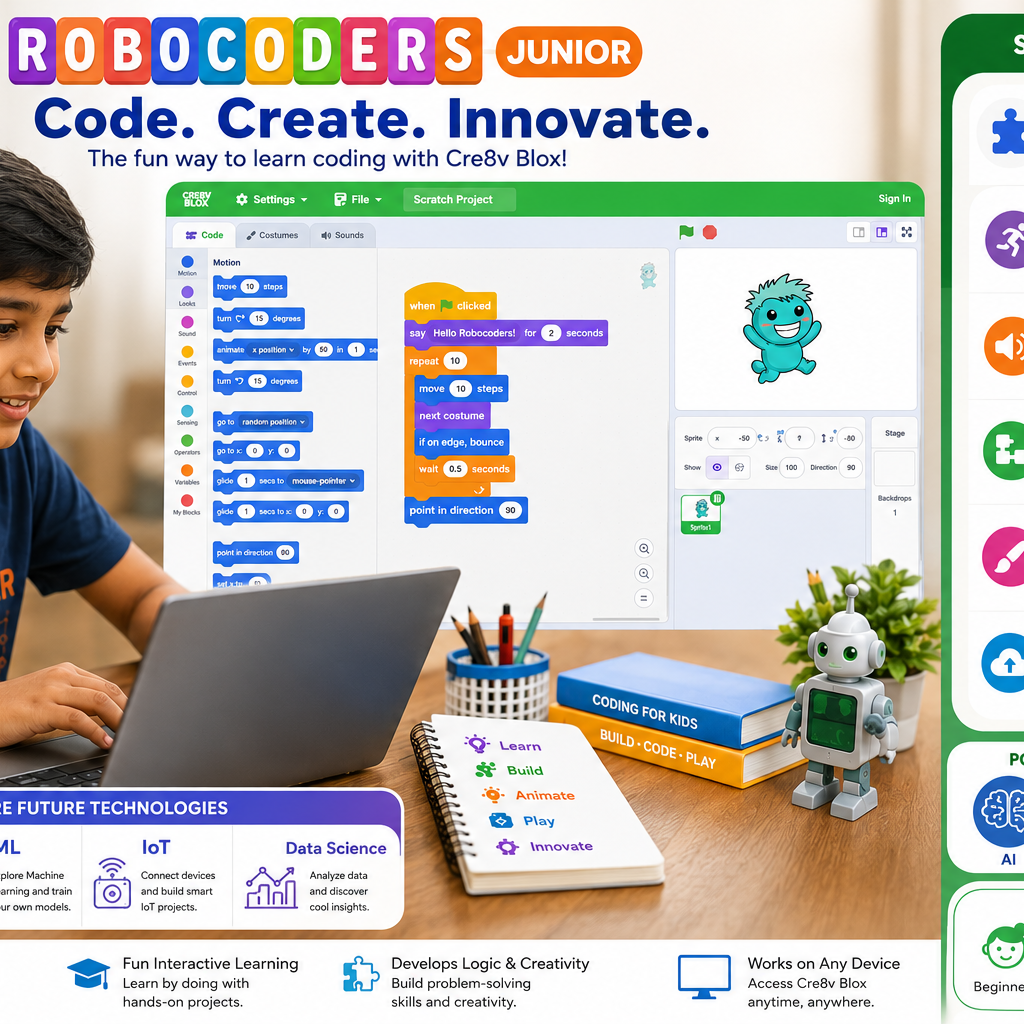 Robocoders Junior STEM Kit for Kids Age 7-9 | 30+ Experiments in AI, Coding & Electronics | Scratch-Based Drag & Drop Coding | Robotics & Electronics DIY Kit | Creative Computing Learning Kit
