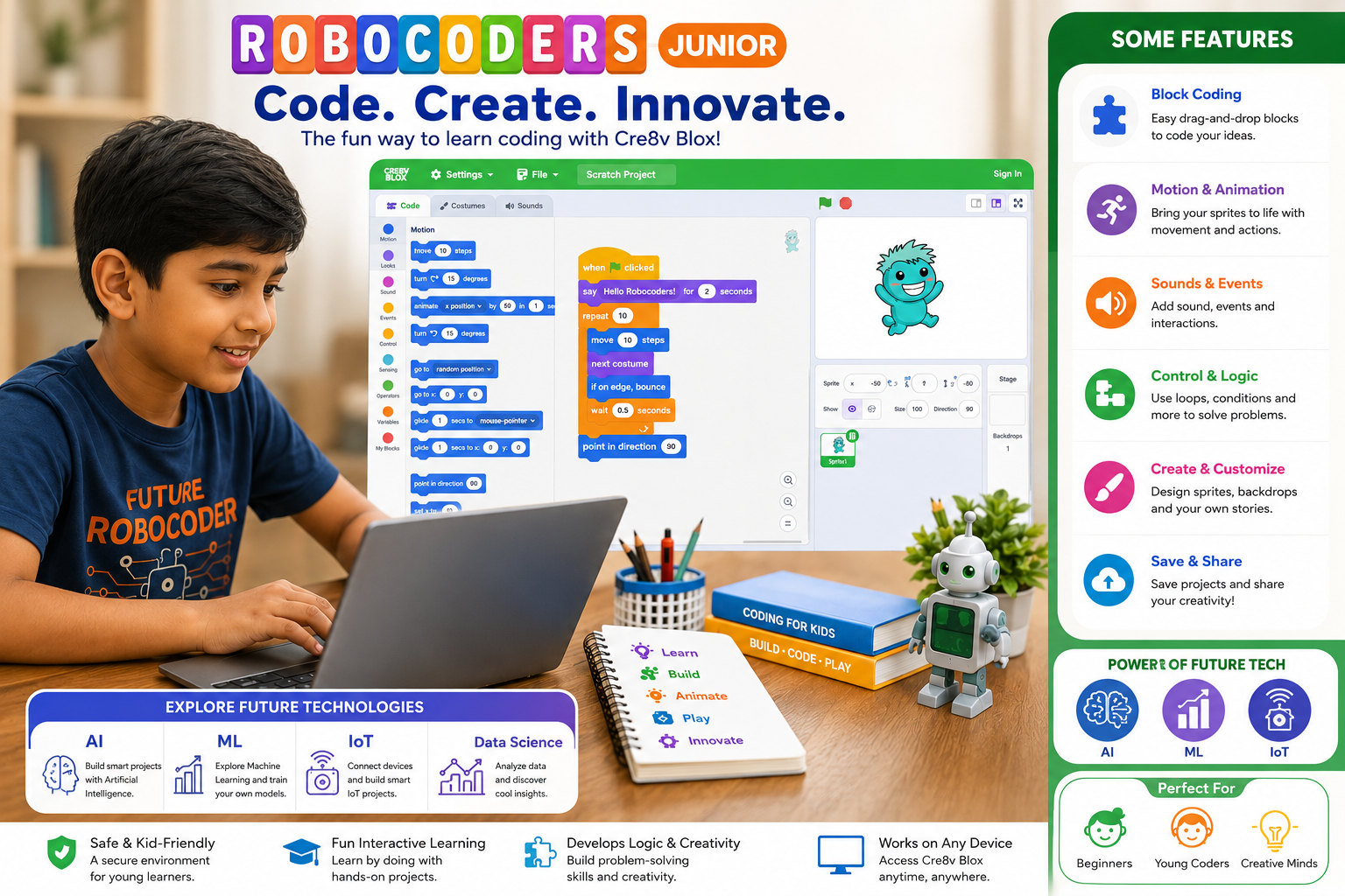 Robocoders Junior STEM Kit for Kids Age 7-9 | 30+ Experiments in AI, Coding & Electronics | Scratch-Based Drag & Drop Coding | Robotics & Electronics DIY Kit | Creative Computing Learning Kit