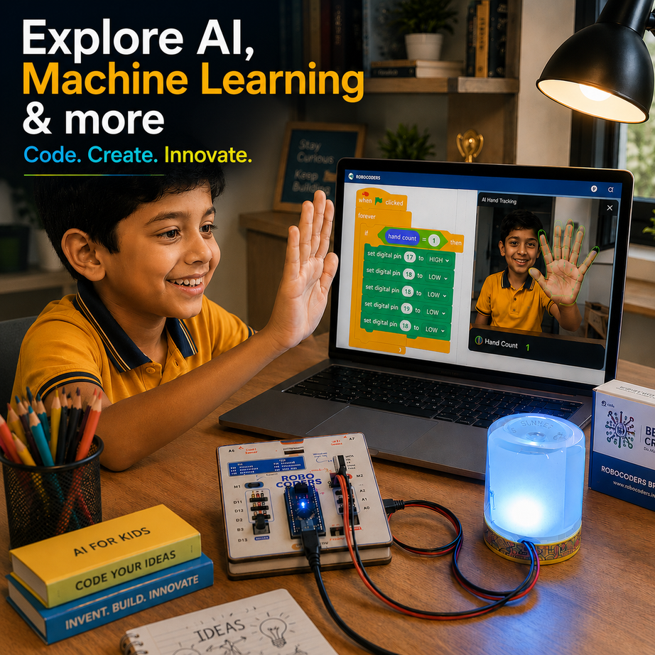 Robocoders Junior STEM Kit for Kids Age 7-9 | 30+ Experiments in AI, Coding & Electronics | Scratch-Based Drag & Drop Coding | Robotics & Electronics DIY Kit | Creative Computing Learning Kit